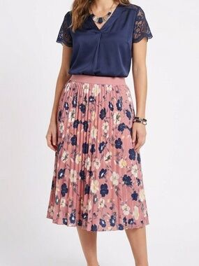 ANDI + JAMES Dusty Pink Floral Pleated Midi Skirt Elastic Waist L Retro Cottage